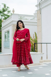 Maroon Georgette Embroidered Anarkali Suit Set