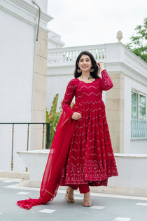 Maroon Georgette Embroidered Anarkali Suit Set