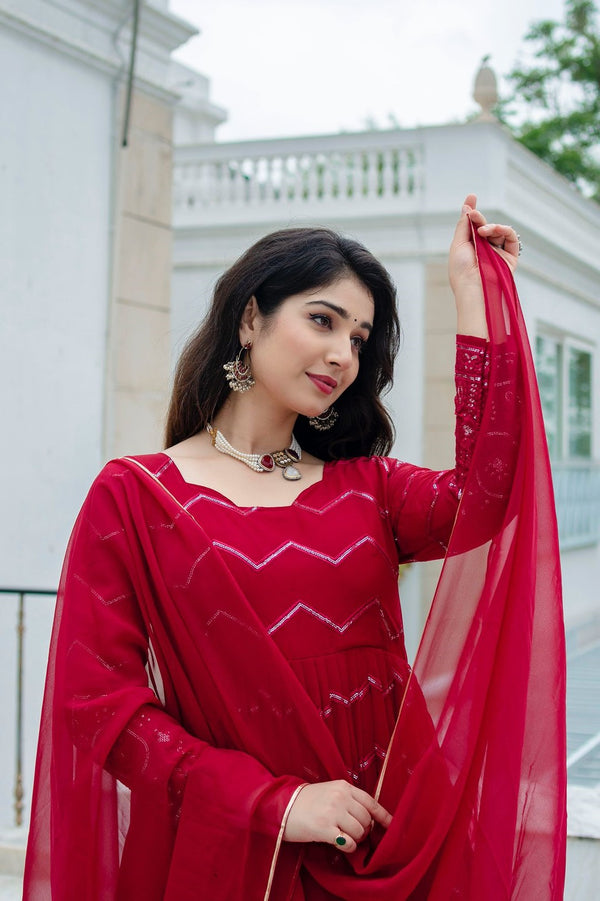 Amazing Maroon Faux Georgette Fabric Designer Anarkali Suit