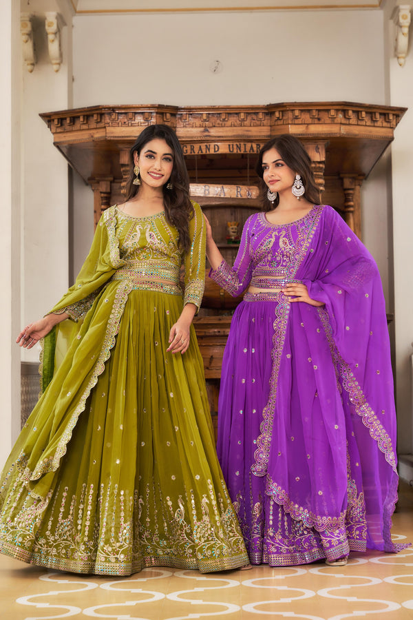 Wedding Wear Georgette Mehndi & Purple Color Lehenga Choli Ram-027