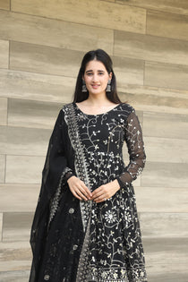 Black Georgette Embroidered Anarkali Suit Set