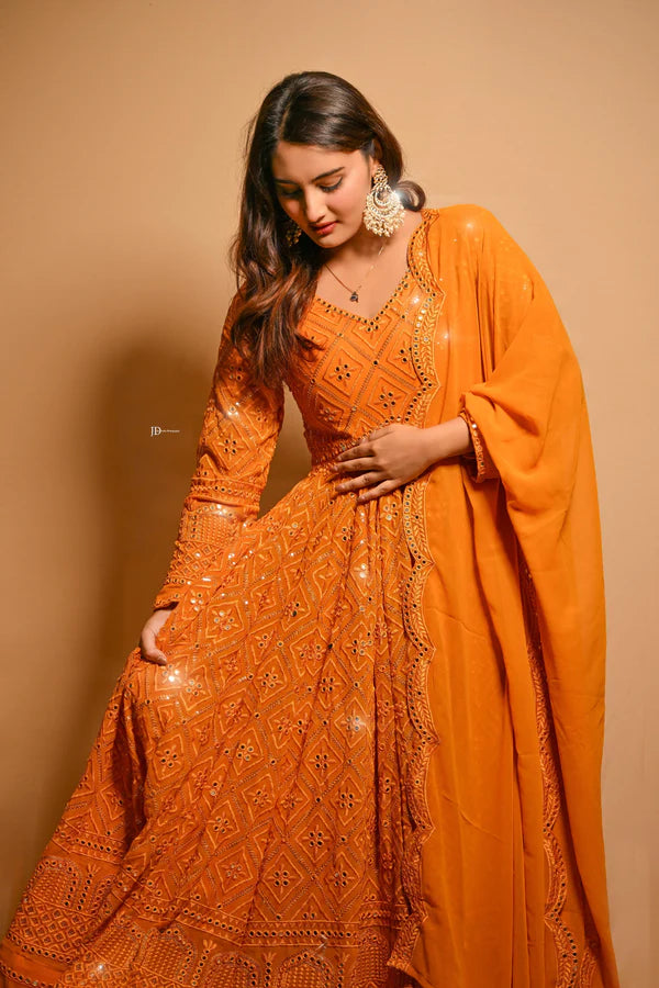 Function Wear Georgette White And Orange Color Anarkali Gown TD-115