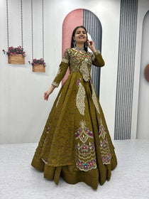 Mehndi Color Embroidered Designer Lehenga Set