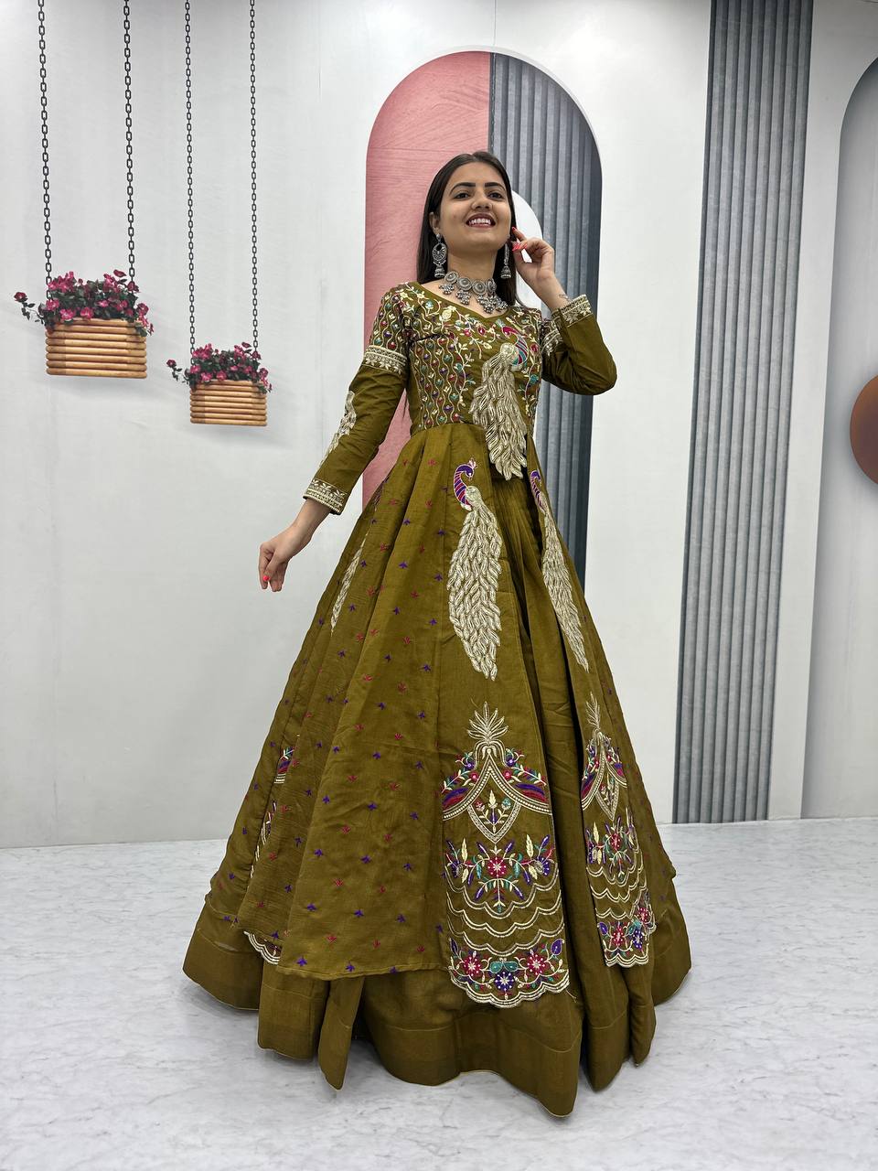 Mehndi Color Embroidered Designer Lehenga Set