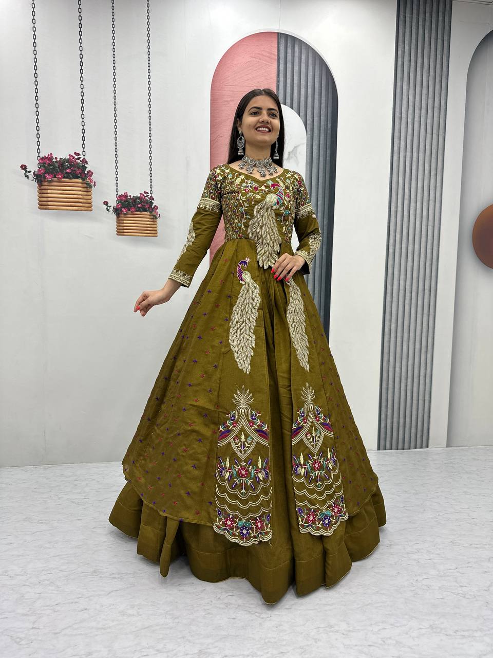 Mehndi Color Embroidered Designer Lehenga Set