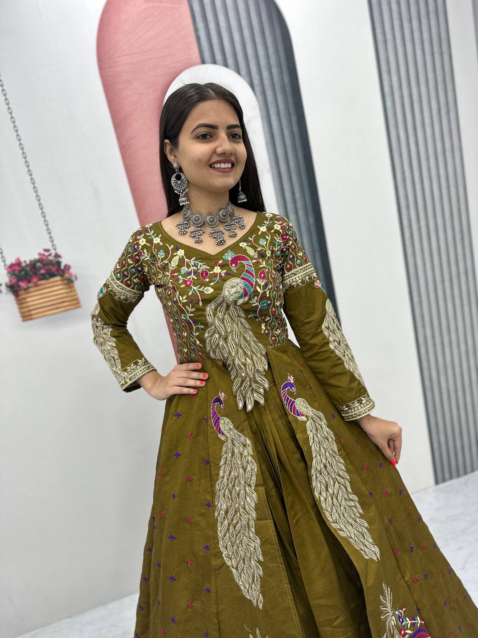 Mehndi Color Embroidered Designer Lehenga Set
