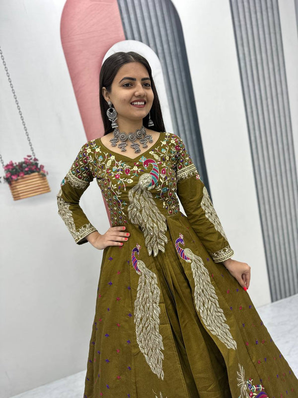 Mehndi Color Embroidered Designer Lehenga Set