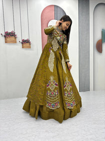 Mehndi Color Embroidered Designer Lehenga Set