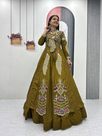 Mehndi Color Embroidered Designer Lehenga Set