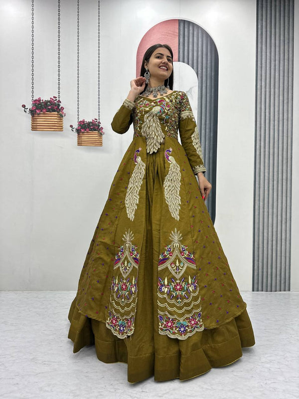 Mehndi Color Embroidered Designer Lehenga Set