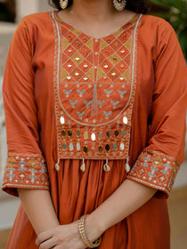 Mahendi Viscose Roman Silk Mirror Work Anarkali Suit Set