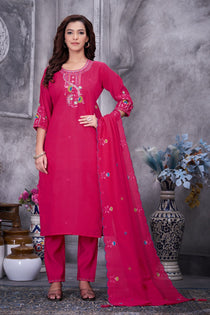 Brown Roman Silk Embroidered Kurta Pant Dupatta Set