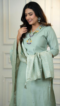 C Green Roman Silk Embroidered Kurta Set