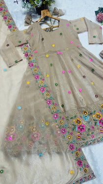 Beige Color Multi Embroidery Sequins Work Anarkali Suit