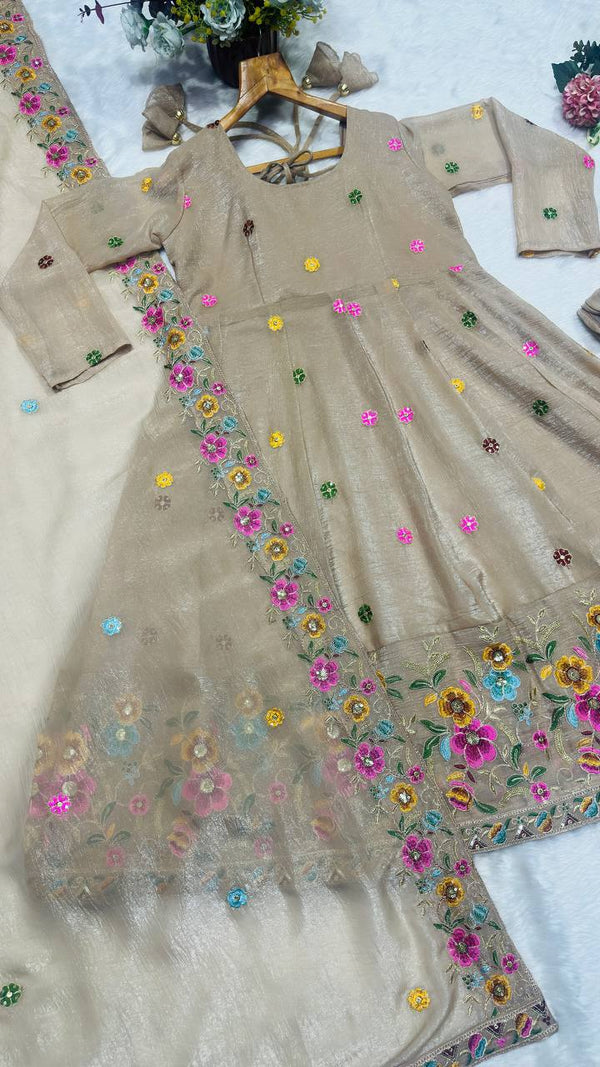 Beige Color Multi Embroidery Sequins Work Anarkali Suit