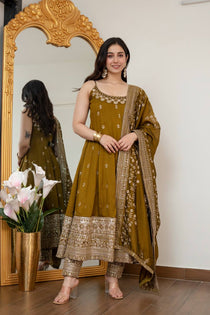Wine Vichitra Silk Embroidered Gown Set