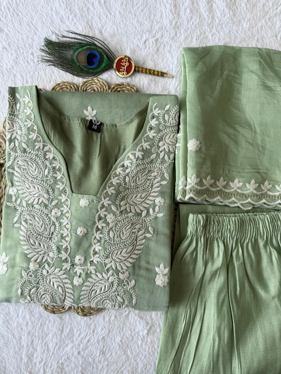 Pista Mul Chanderi Embroidered A-Line Kurta Set