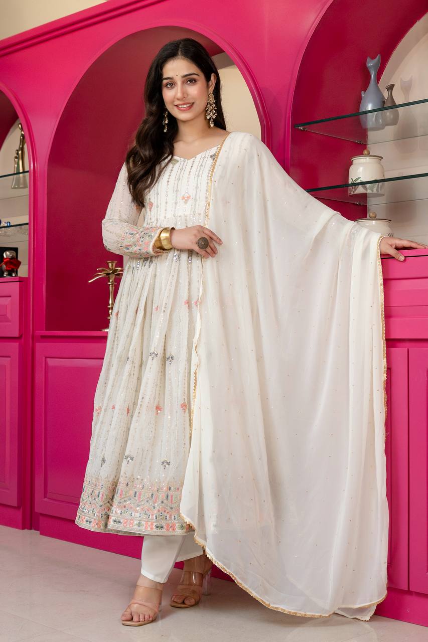 White Multi-Zari Embroidered Anarkali Suit Set