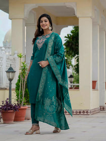 Maroon Premium Roman Silk Embroidered Kurta Pant Dupatta Set