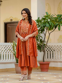Mahendi Viscose Roman Silk Mirror Work Anarkali Suit Set