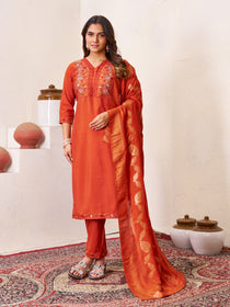 Brown Roman Silk Embroidered Kurta Pant Dupatta Set