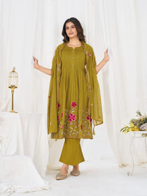 Multi-Thread Embroidered Cotton Anarkali Kurti Set with Dupatta