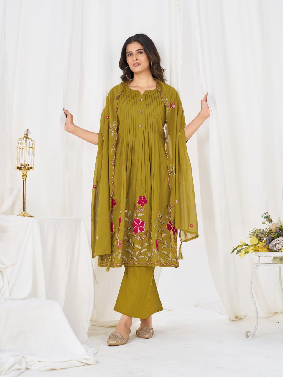 Multi-Thread Embroidered Cotton Anarkali Kurti Set with Dupatta