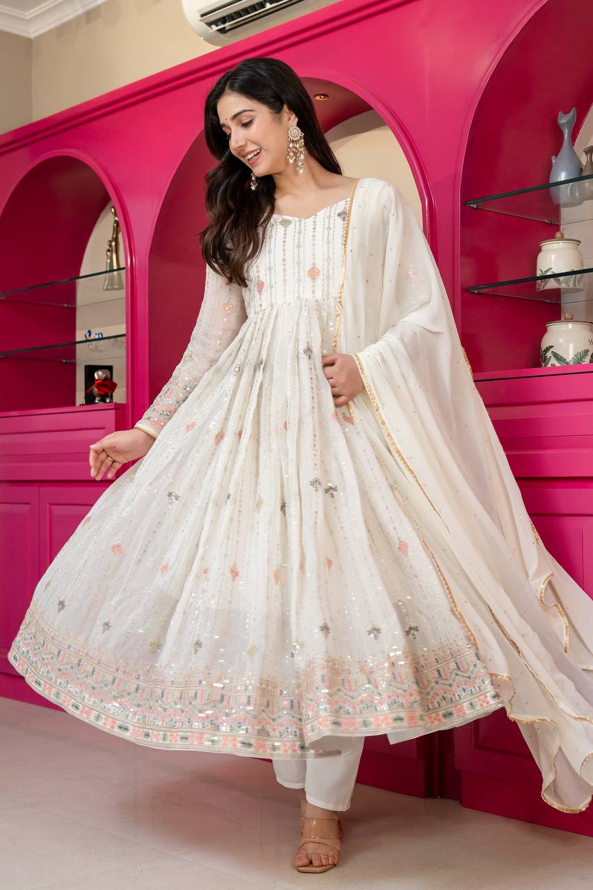 White Multi-Zari Embroidered Anarkali Suit Set