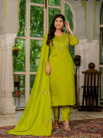 Violet Marina Silk Embroidered Kurta Pant Dupatta Set