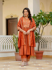 Mahendi Viscose Roman Silk Mirror Work Anarkali Suit Set