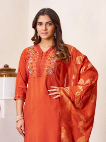 Brown Roman Silk Embroidered Kurta Pant Dupatta Set