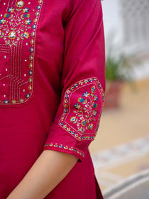 Rust Pure Viscose Mango Silk Embroidered Kurta Set