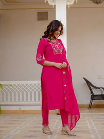 Rust Viscose Mango Silk Embroidered Kurta Set