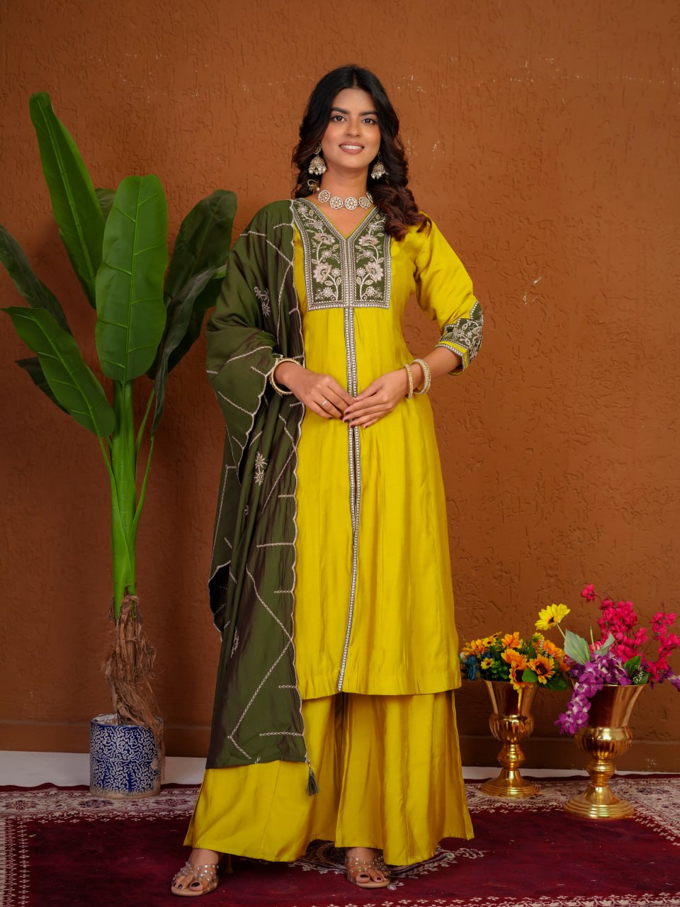 Roman Silk Embroidered Anarkali Kurti Plazo Set