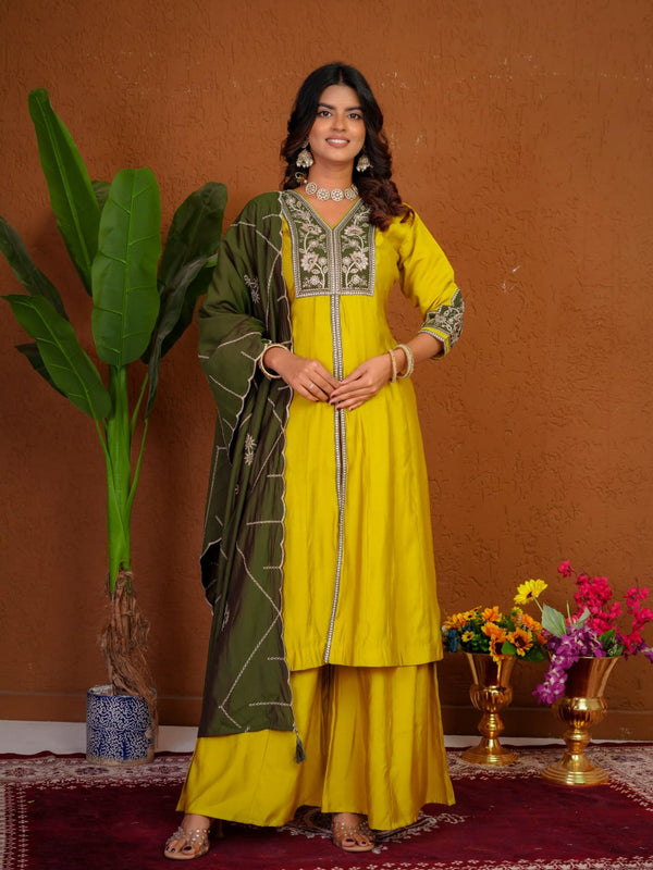 Roman Silk Embroidered Anarkali Kurti Plazo Set