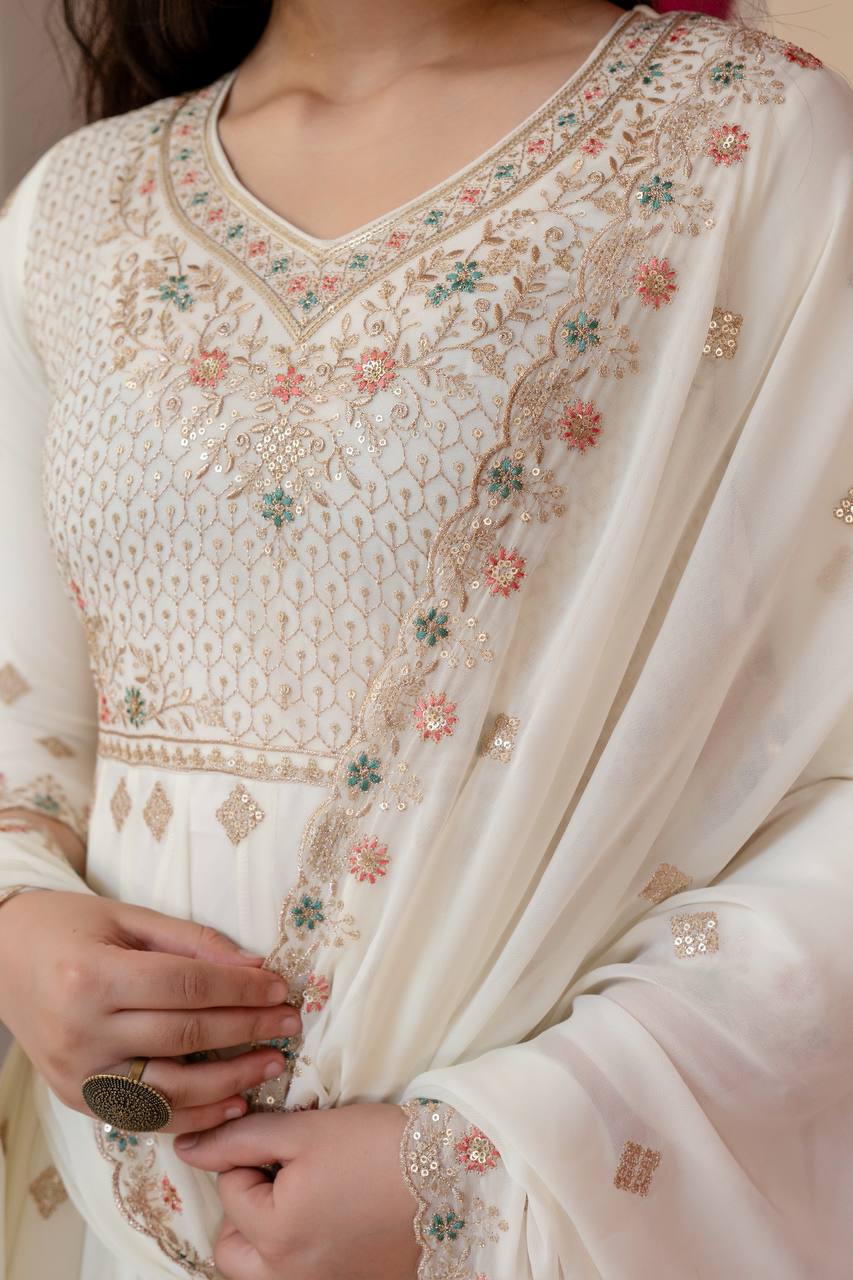 White Sequins Embroidered Kurta Sharara Set with Dupatta