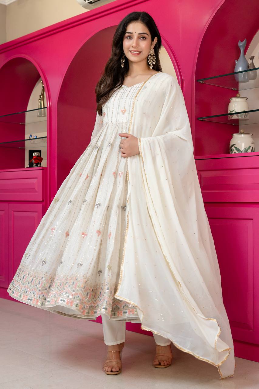 White Multi-Zari Embroidered Anarkali Suit Set