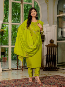 Violet Marina Silk Embroidered Kurta Pant Dupatta Set