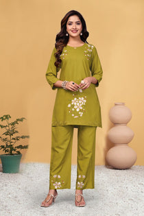 Green Heavy Viscose Rayon Embroidered Co-Ord Set