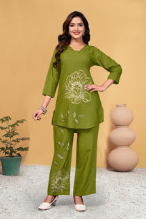 Green Heavy Viscose Rayon Embroidered Co-Ord Set