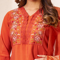 Brown Roman Silk Embroidered Kurta Pant Dupatta Set