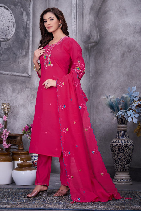 Multi Embroidery Roman Silk Kurti Pant Dupatta Set