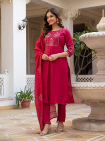 Rust Pure Viscose Mango Silk Embroidered Kurta Set