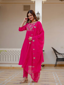Rust Viscose Mango Silk Embroidered Kurta Set