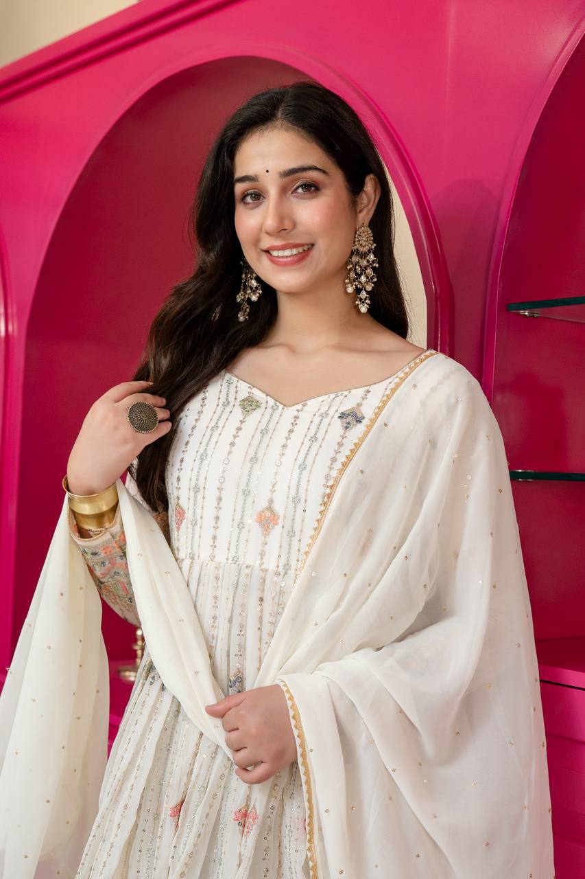 White Multi-Zari Embroidered Anarkali Suit Set