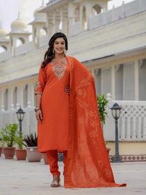 Maroon Premium Roman Silk Embroidered Kurta Pant Dupatta Set