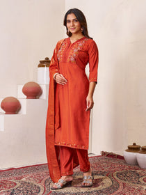 Brown Roman Silk Embroidered Kurta Pant Dupatta Set