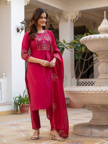 Rust Pure Viscose Mango Silk Embroidered Kurta Set