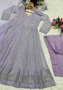 Lavender Georgette Sequins Embroidered Anarkali Suit Set