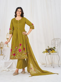 Multi-Thread Embroidered Cotton Anarkali Kurti Set with Dupatta